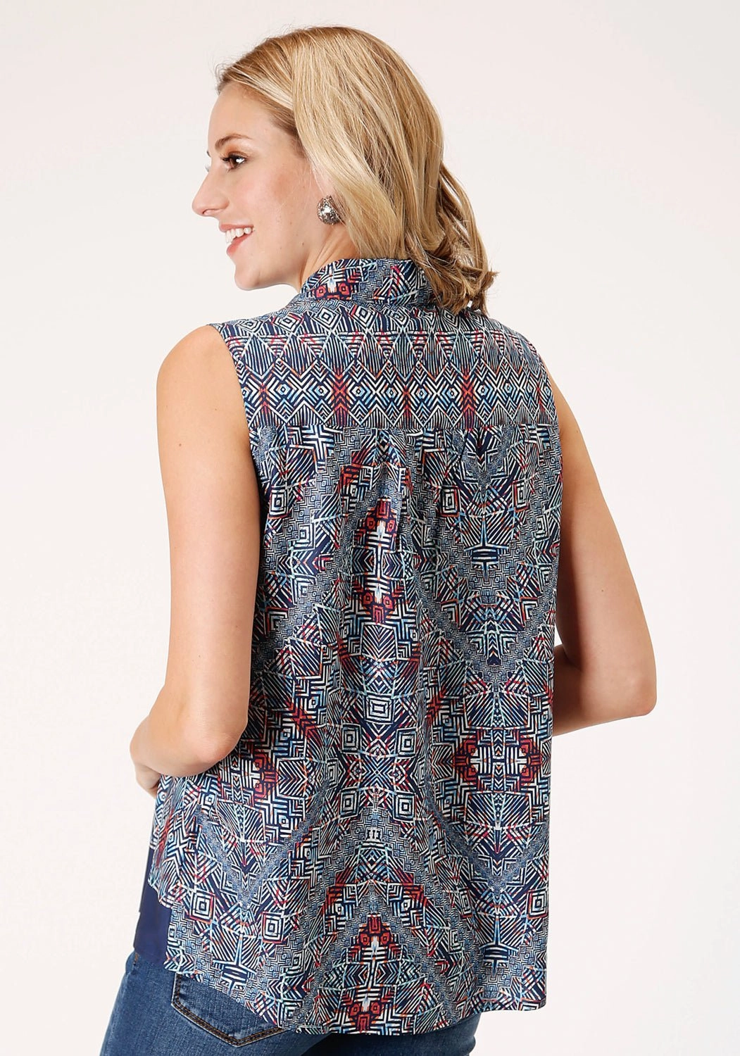 Urban Style Holiday Outfit Roper Womens Blue Polyester Tribal Border S/L Blouse