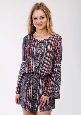 Roper Womens Blue Rayon/Nylon Paisley Stripe L/S Romper Smart Casual Classic Wear Common Outfit