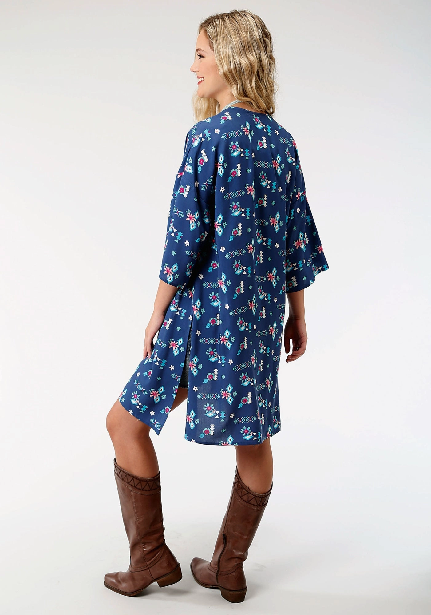 Knitted Look Roper Womens Blue Rayon/Nylon Summer Aztec L/S Cardigan