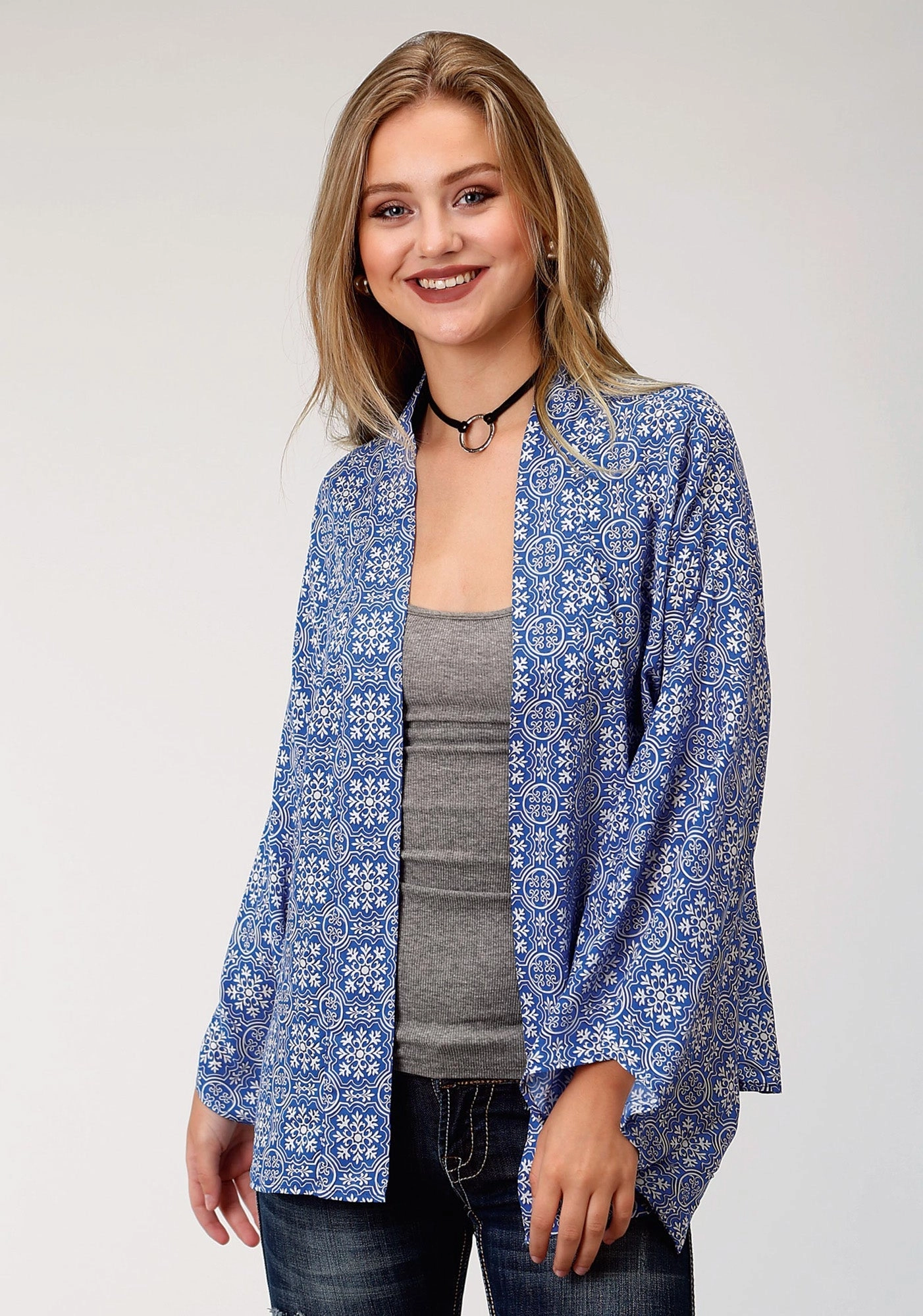 Roper Womens Blue Rayon/Nylon Tile Print Cardigan Stylish Knitwear