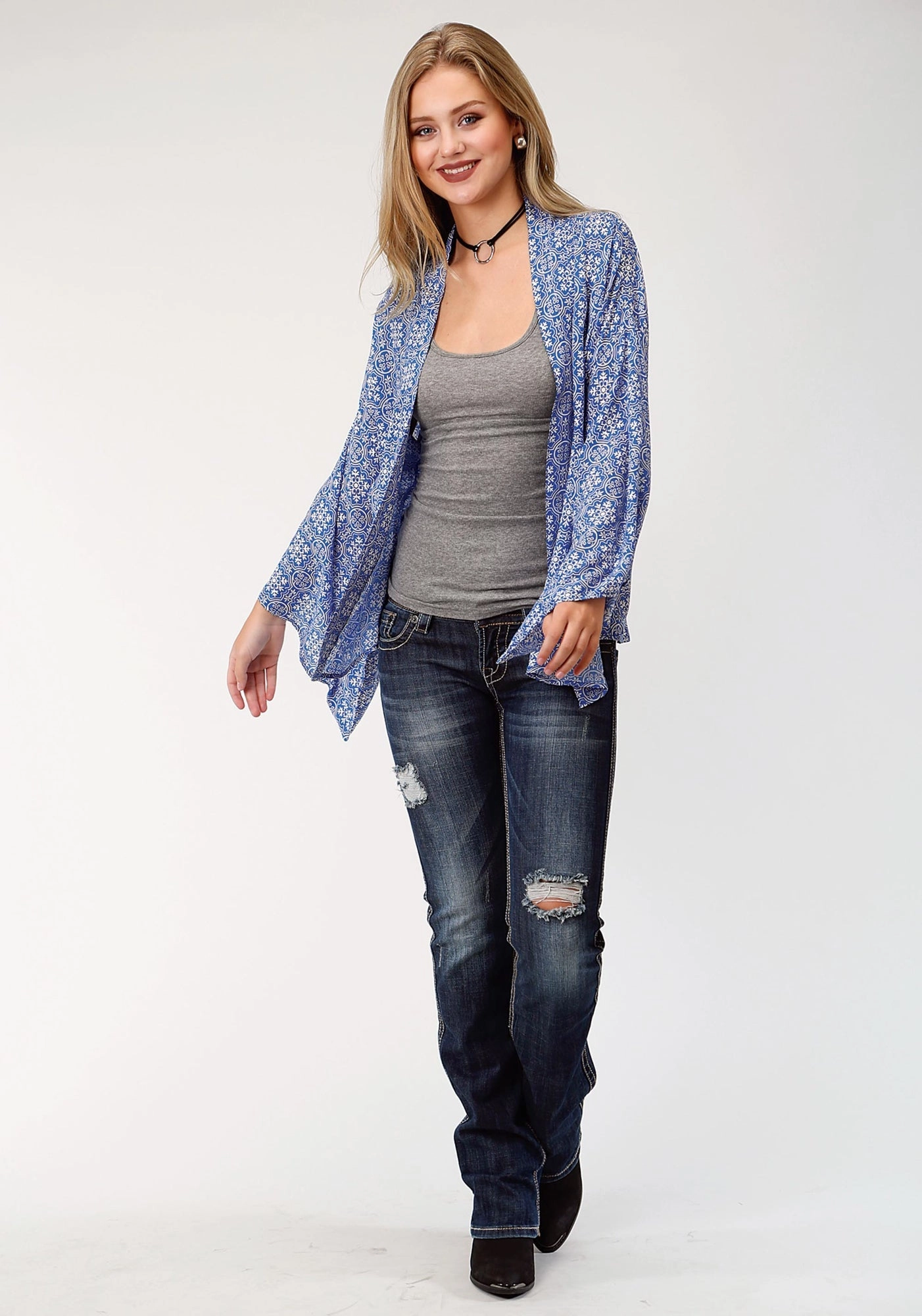 Friction Resistant Edging Modern Knit Roper Womens Blue Rayon/Nylon Tile Print Cardigan