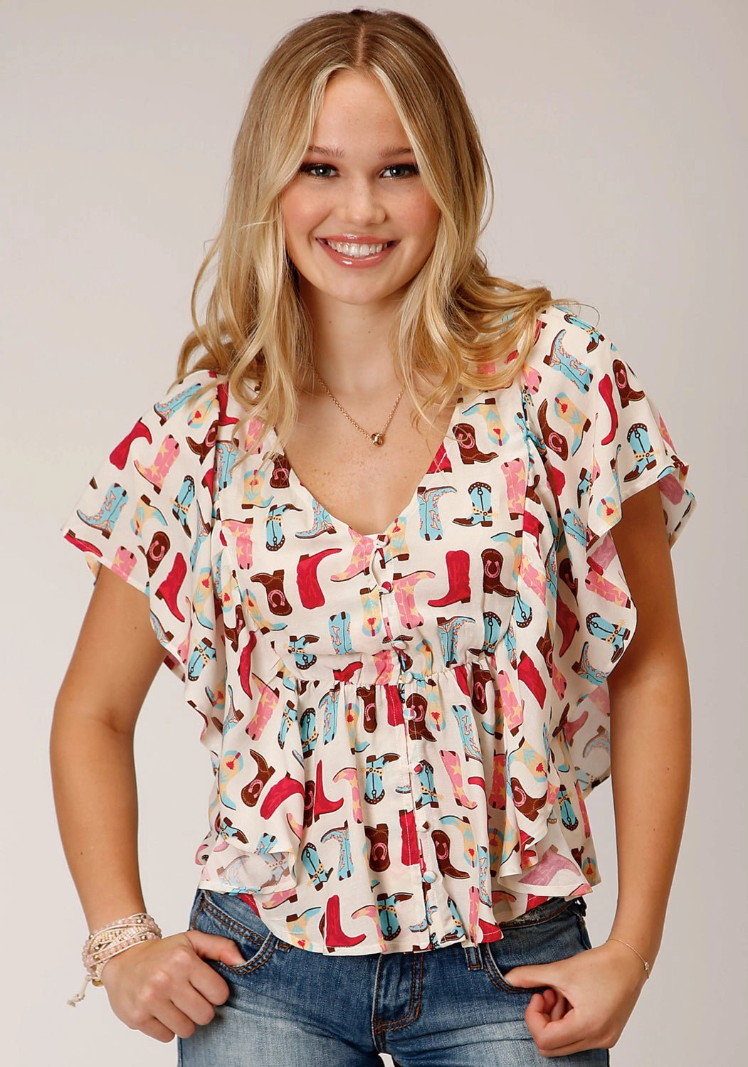 Petite Cut Mature appeal Roper Womens Boot Print Multi-Color 100% Rayon S/S Blouse