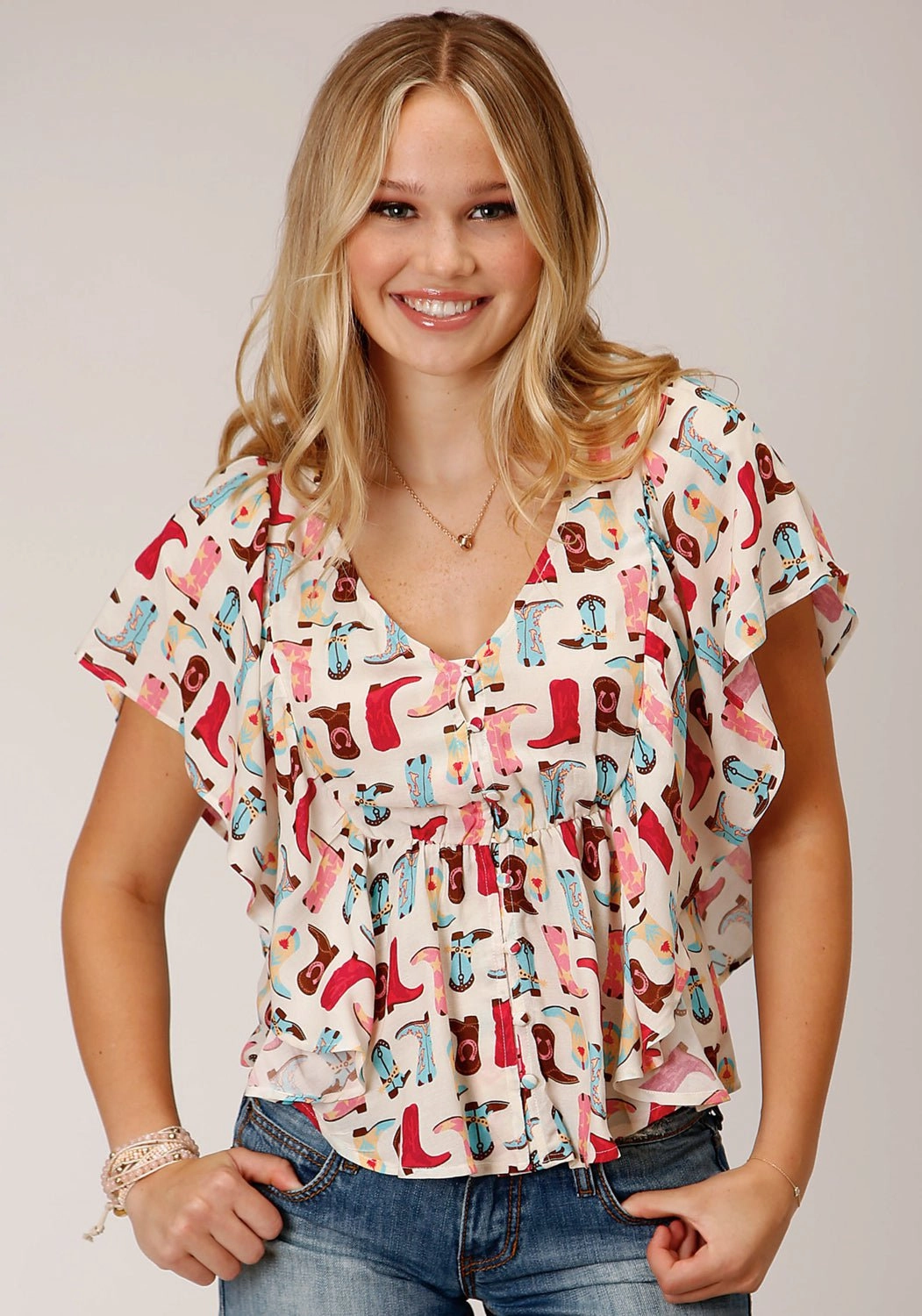 Non Static Finish Roll-Up Sleeve Roper Womens Boot Print Multi-Color 100% Rayon S/S Blouse