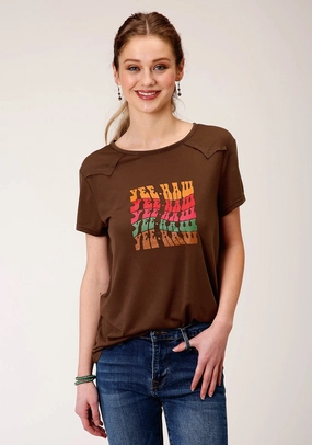 Roper Womens Brown Poly/Rayon YeeHaw S/S T-Shirt Wardrobe Must-Have