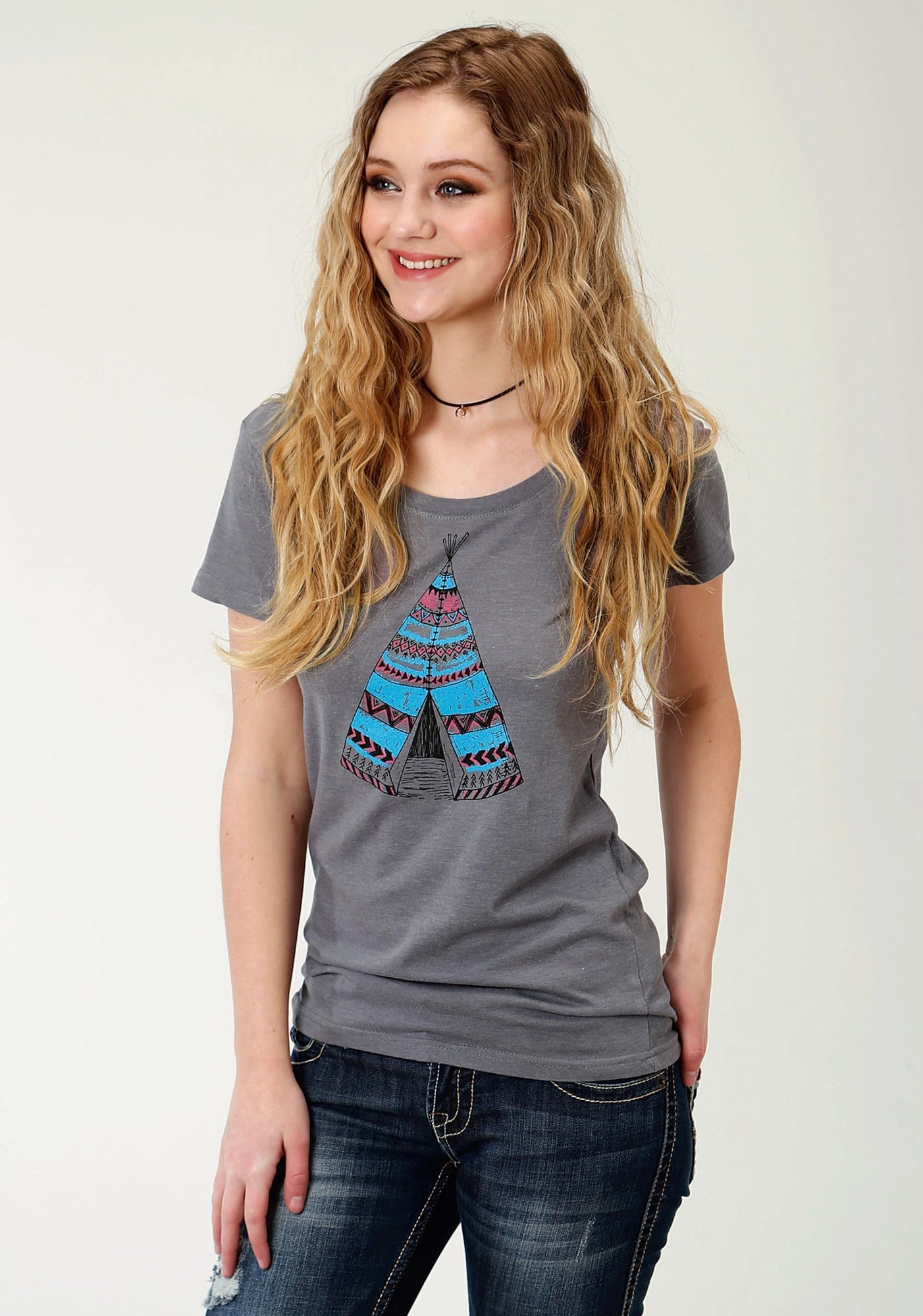 Roper Womens Charcoal Gray Cotton Blend Teepee S/S T-Shirt Stylish Appearance