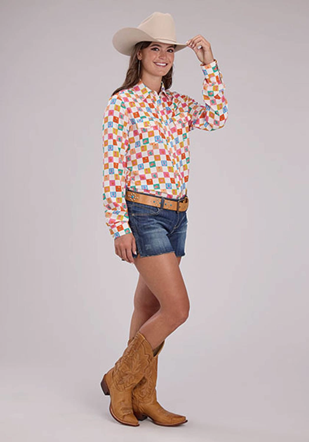 Roper Womens Checker Print Cream 100% Rayon L/S Blouse Airflow Ventilation System