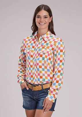 Tropical theme Soft touch finish Roper Womens Checker Print Cream 100% Rayon L/S Blouse