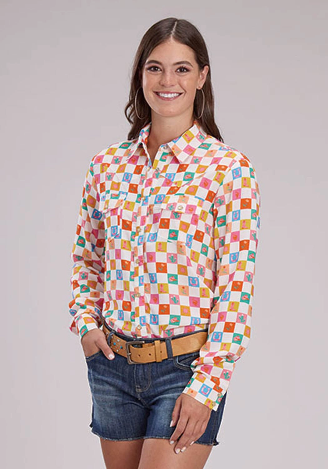 Tropical theme Soft touch finish Roper Womens Checker Print Cream 100% Rayon L/S Blouse