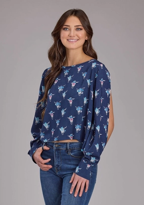 V-Neck Spring Collection Roper Womens Cow Skulls Swing Blue 100% Rayon L/S Blouse