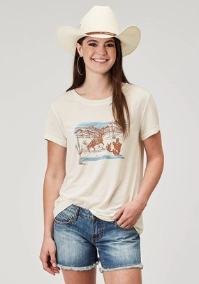 Job Interview Roper Womens Cowboy Scene Cream Poly/Cotton S/S T-Shirt