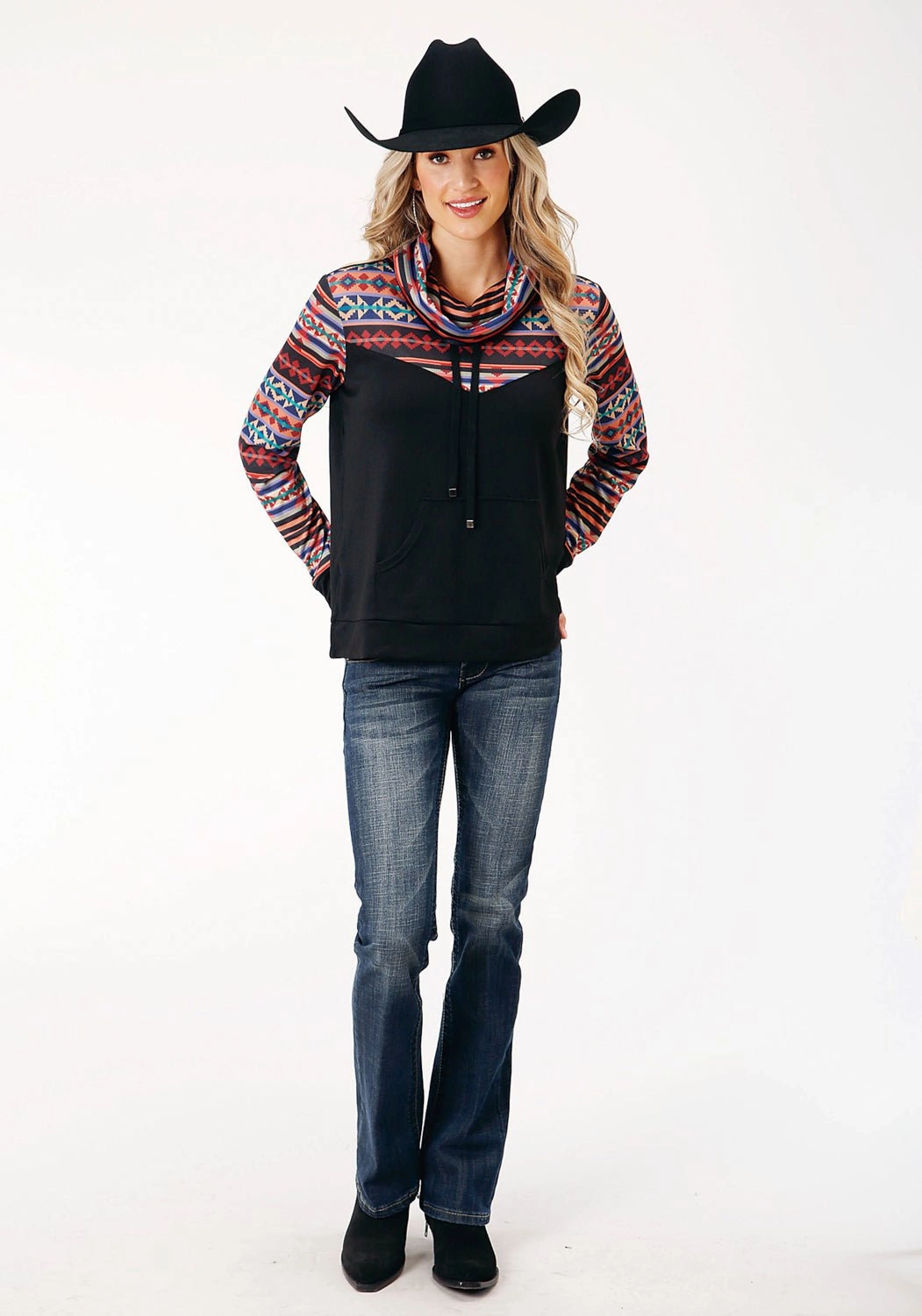 Fashion Knit Layer Versatile Piece Roper Womens Cowl Neck Black Multi Polyester Sweatshirt