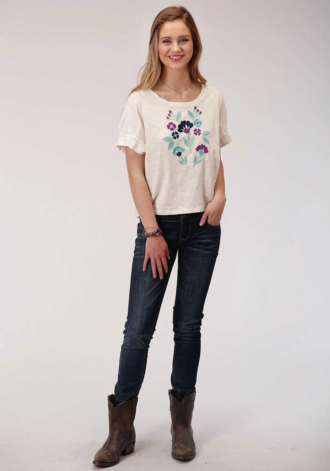 Roper Womens Cream 100% Cotton Purple Floral S/S T-Shirt Workwear Style Trendsetting Design