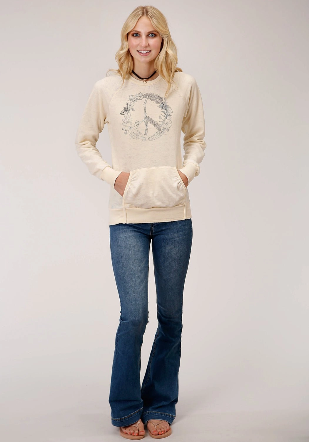 Roper Womens Cream Cotton Blend Peace Sign Wreath Sweatshirt Warm Layer Casual Knit Layer