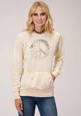 Roper Womens Cream Cotton Blend Peace Sign Wreath Sweatshirt Cashmere Blend Durable Reinforced Elbows