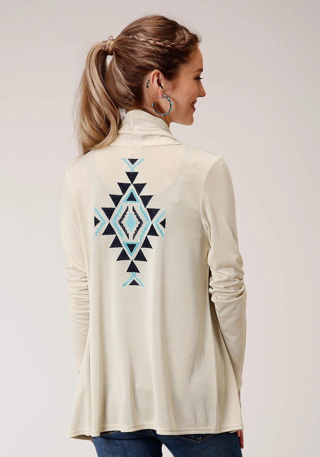 Roper Womens Cream Polyester Aztec Knit Cardigan Warm and Soft Loose Weave