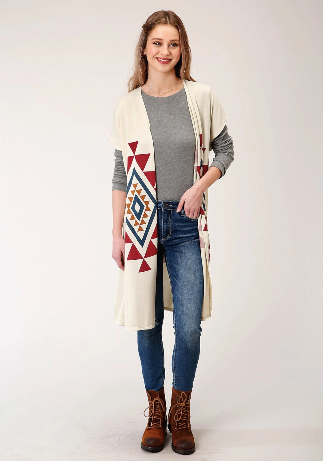 Warm Winter Wear Soft Knit Roper Womens Cream Polyester Aztec Sweater Cardigan