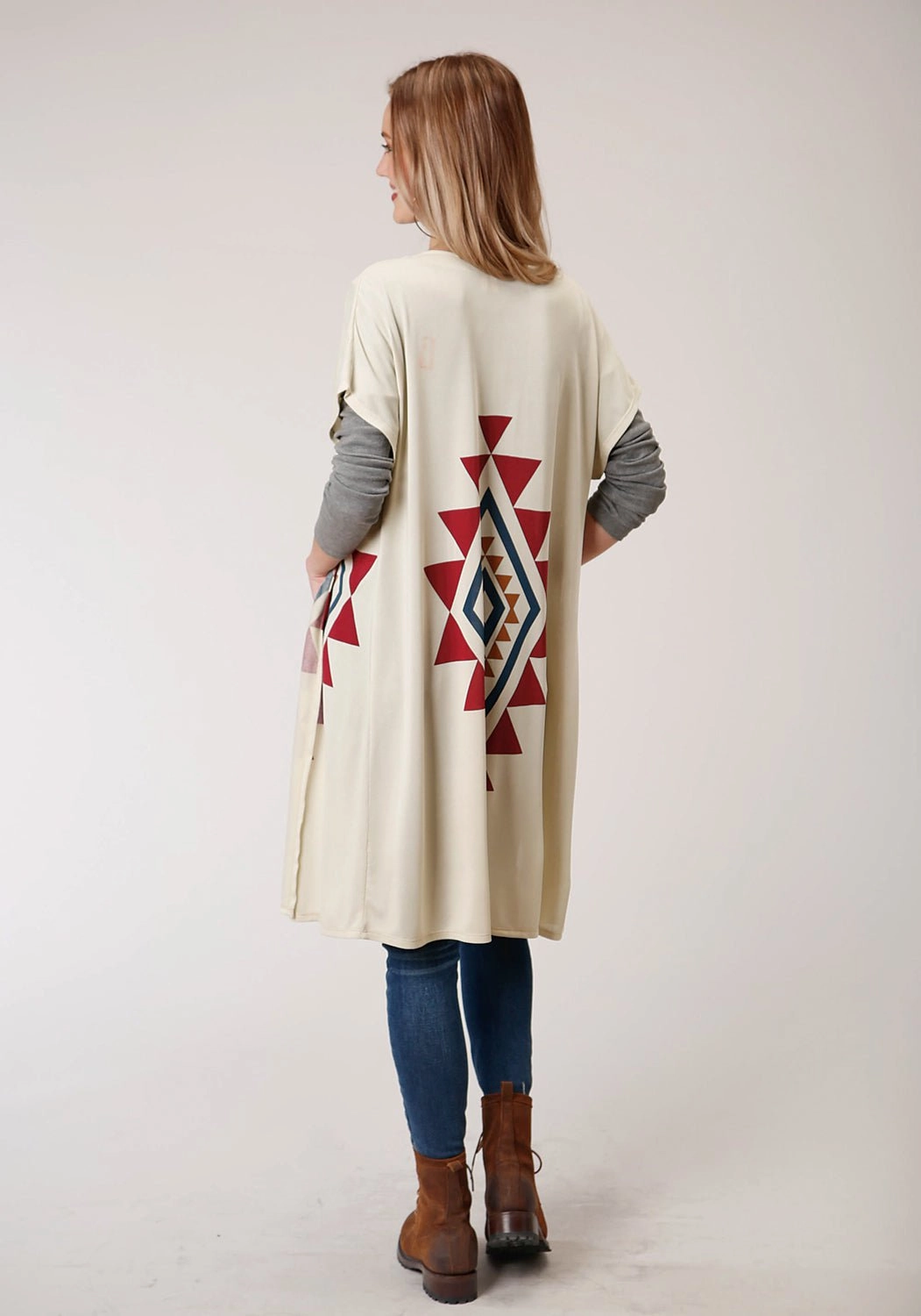 Fashion Knit Multi Panel Construction Roper Womens Cream Polyester Aztec Sweater Cardigan