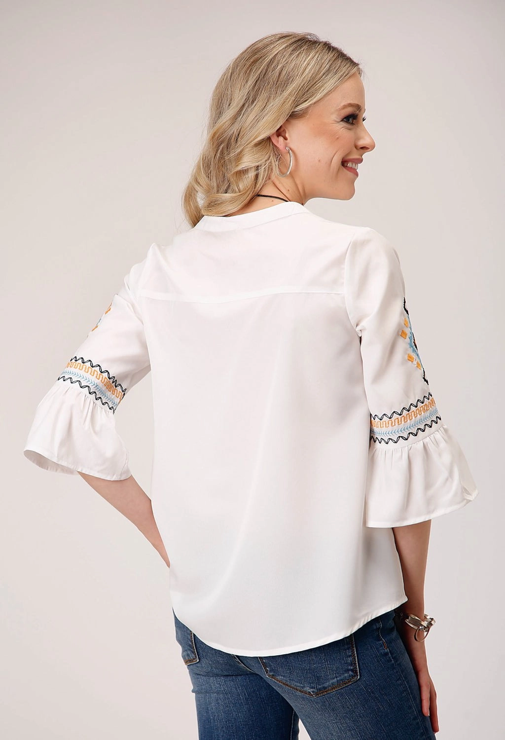Double Stitched Hems Ethical production Roper Womens Crepe Bell Sleeve Cream 100% Polyester S/S Blouse