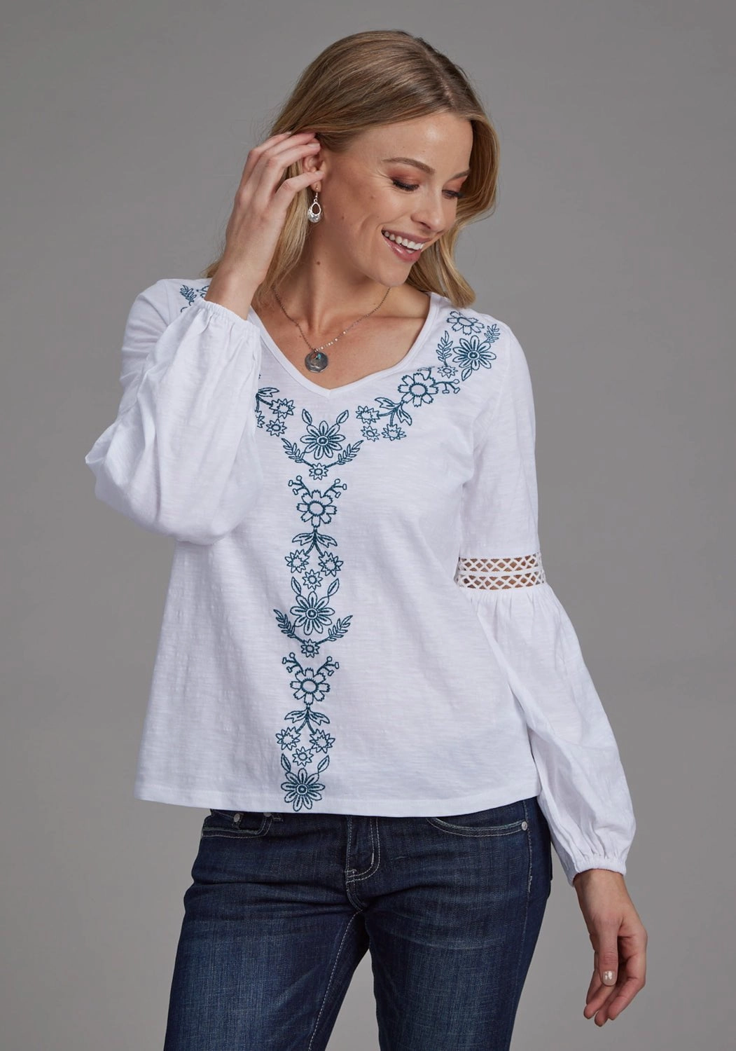 Roper Womens Crochet Bishop Sleeves White 100% Cotton L/S Blouse Petite Option