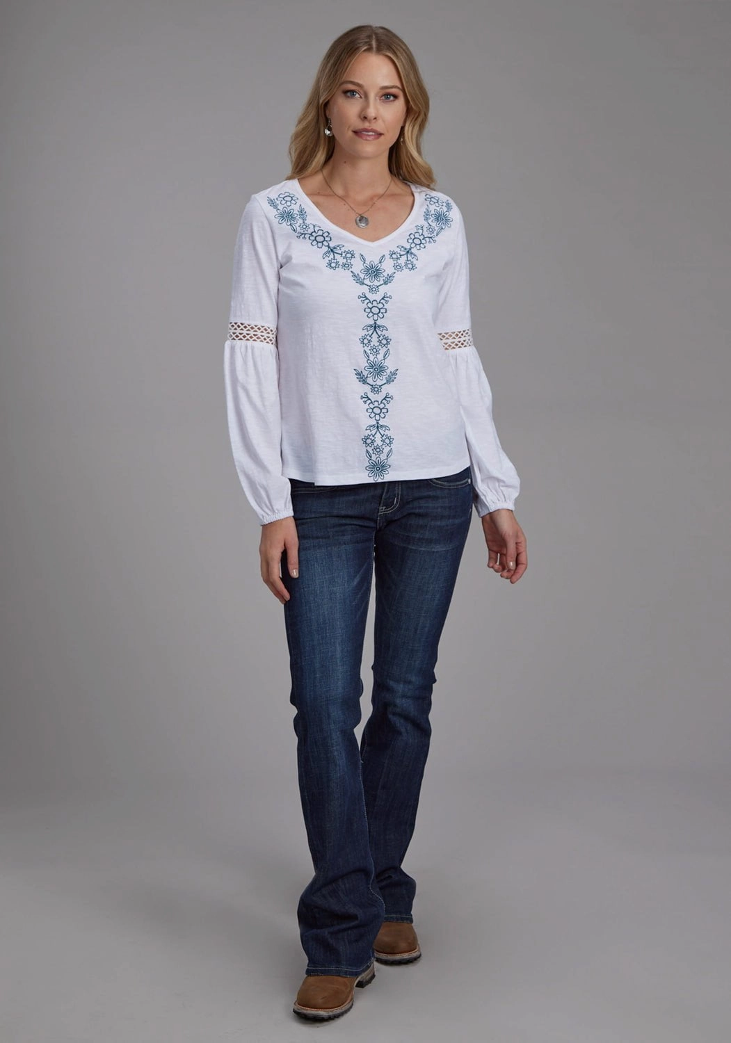 Roper Womens Crochet Bishop Sleeves White 100% Cotton L/S Blouse Seasonal Trend