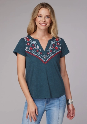 Roper Womens Curved Floral Split V Blue 100% Cotton S/S T-Shirt Ethical production