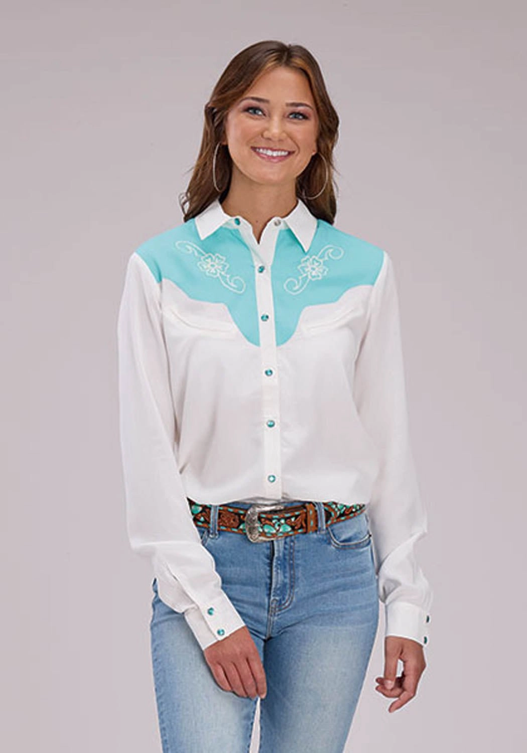 First Date Breathable mesh Roper Womens Curvy Fancy Yokes Cream/Blue 100% Rayon L/S Shirt
