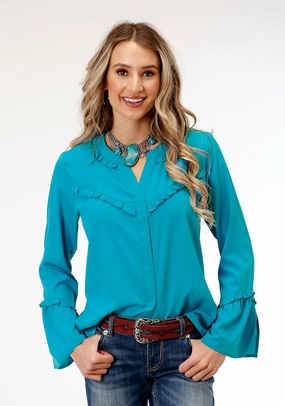 Roper Womens Dark Turquoise Ruffle Blue Polyester L/S Blouse Flex Fit Collar
