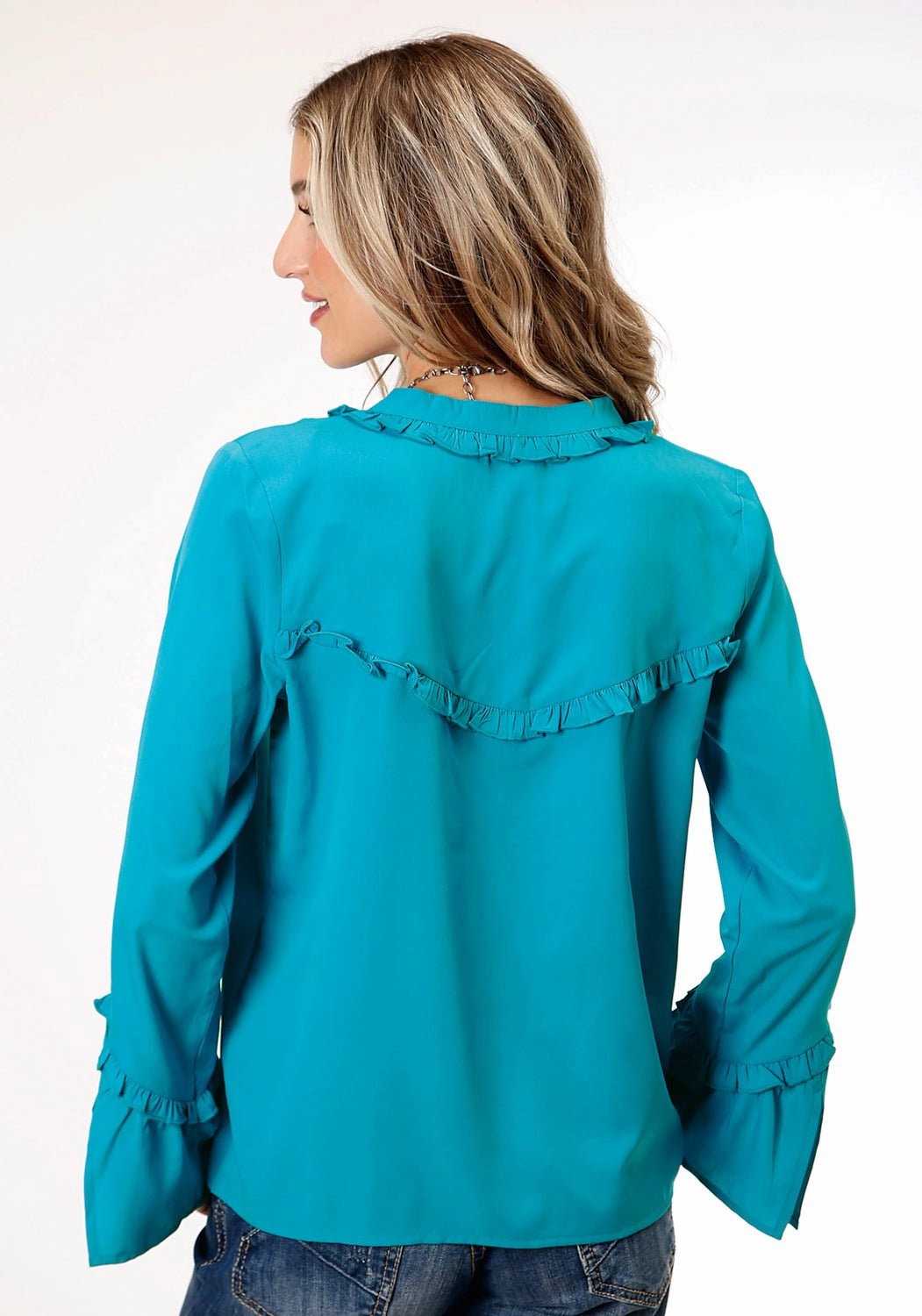Fashionable Pick Personalized Touch Roper Womens Dark Turquoise Ruffle Blue Polyester L/S Blouse