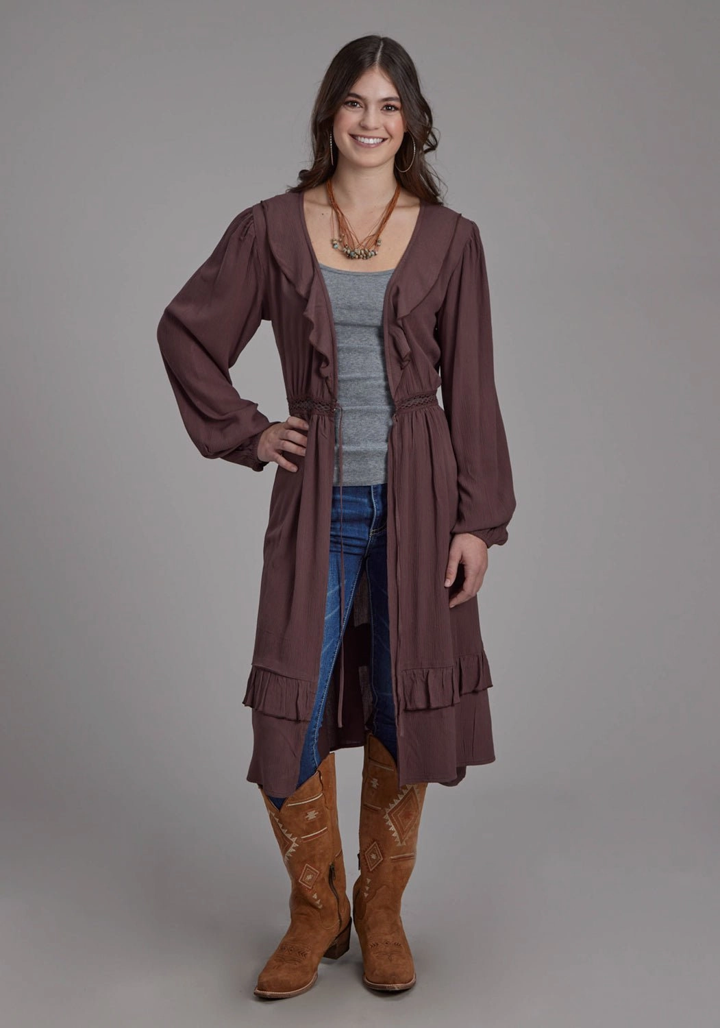 Cozy Warmth Fashion Knit Roper Womens Deep V Ruffles Brown 100% Rayon Cardigan Sweater