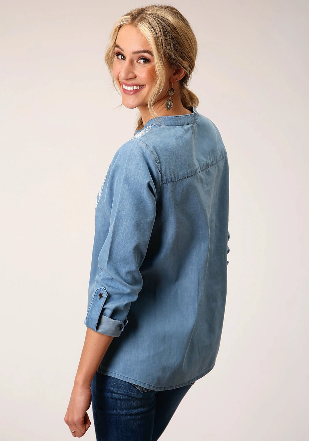 Roper Womens Denim Split V Blue 100% Cotton L/S Blouse Stretch Material Corporate Event