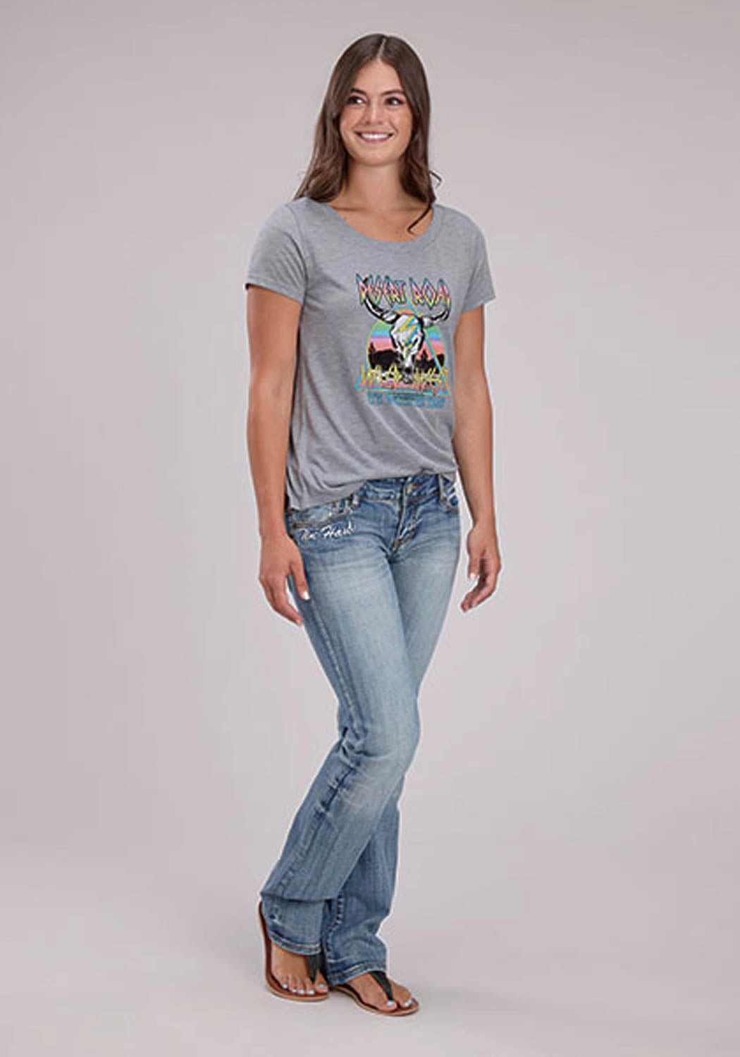 Roper Womens Desert Road Longhorn Grey Poly/Rayon S/S T-Shirt Sophisticated Style Mesh Insert