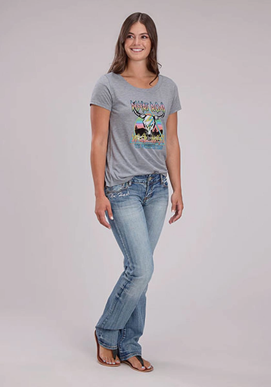 Roper Womens Desert Road Longhorn Grey Poly/Rayon S/S T-Shirt Comfort First Fit Premium Feel