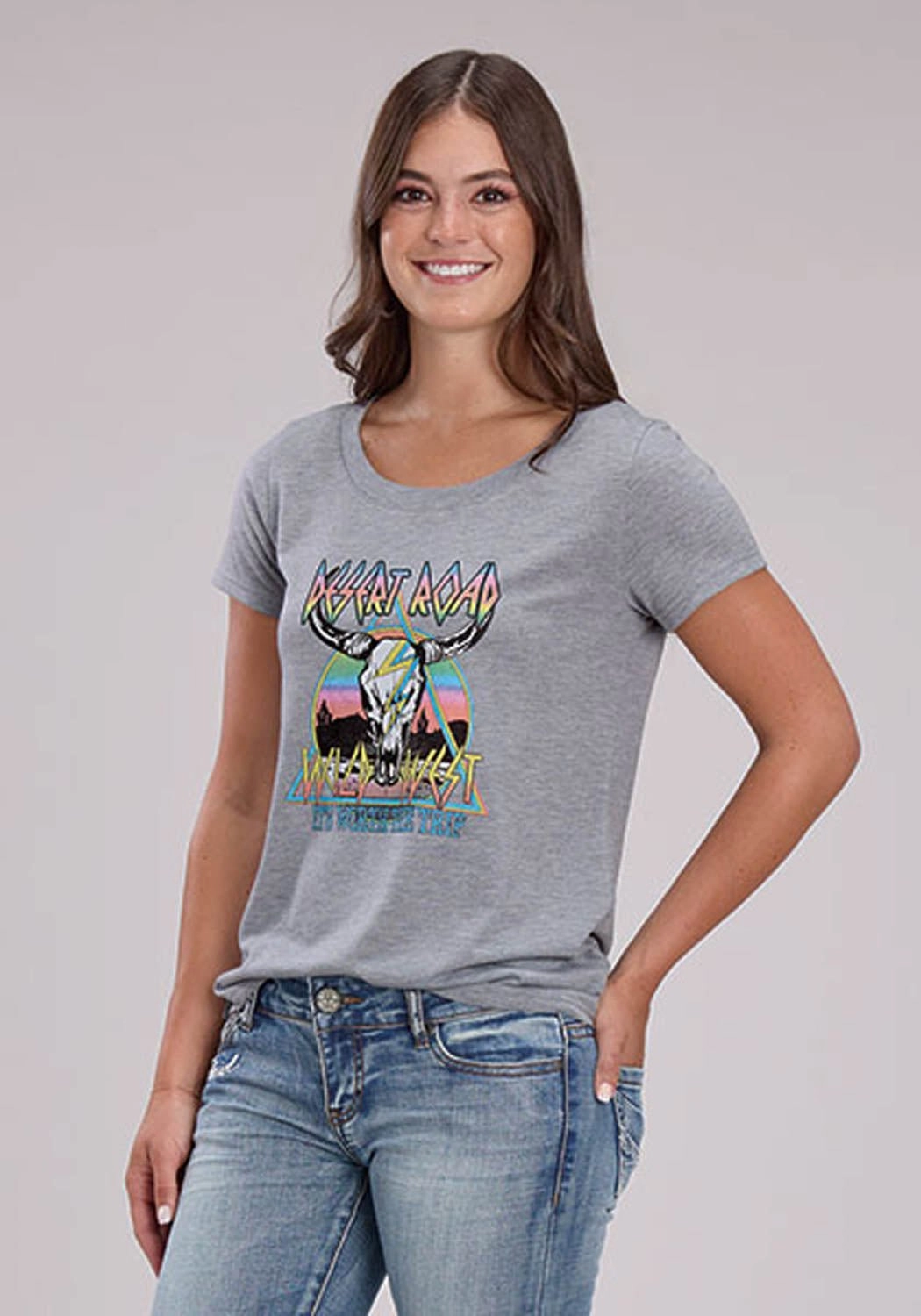 Roper Womens Desert Road Longhorn Grey Poly/Rayon S/S T-Shirt Business Meeting Sleepwear