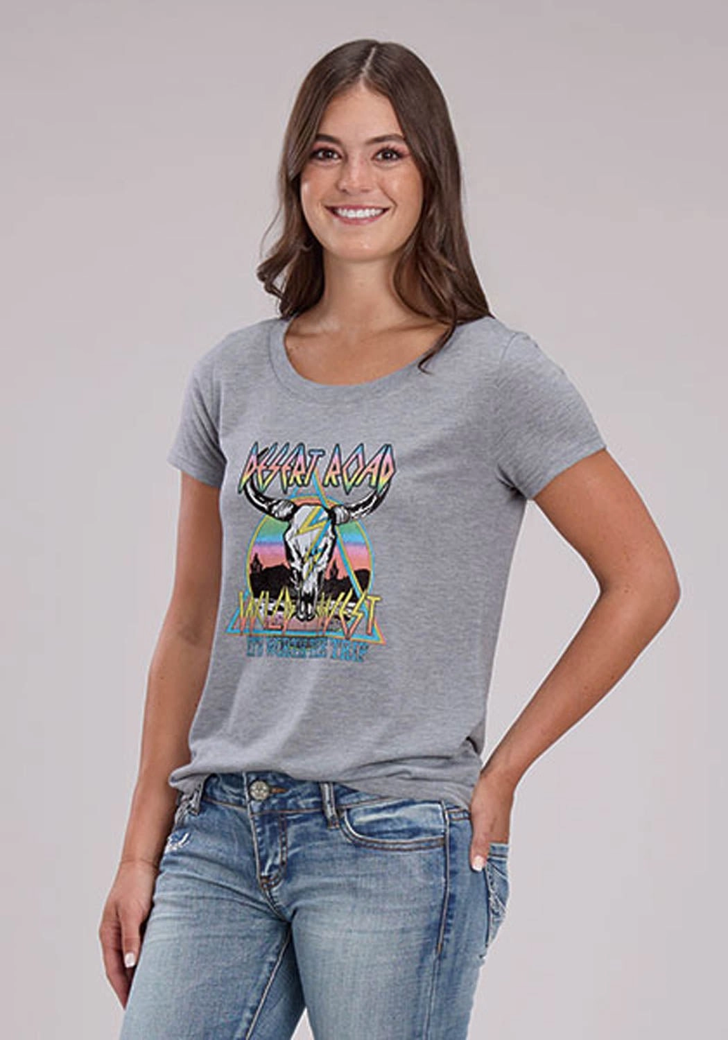 Versatile Design Roper Womens Desert Road Longhorn Grey Poly/Rayon S/S T-Shirt