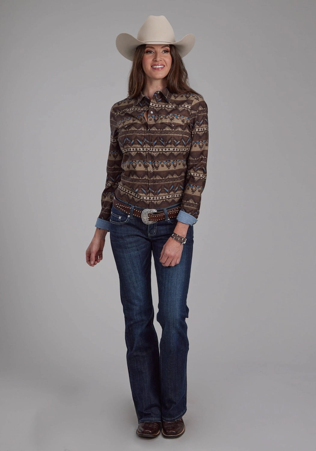 Roper Womens Distressed Aztec Brown 100% Cotton L/S Shirt Edgy Fashion Layered Look