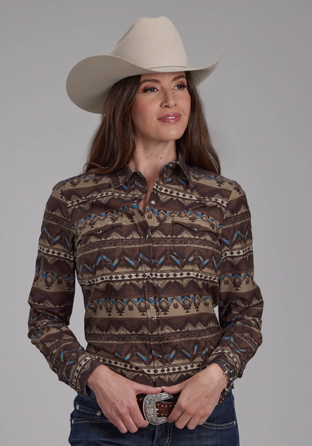 Smooth Zipper Design Layered Hemline Roper Womens Distressed Aztec Brown 100% Cotton L/S Shirt