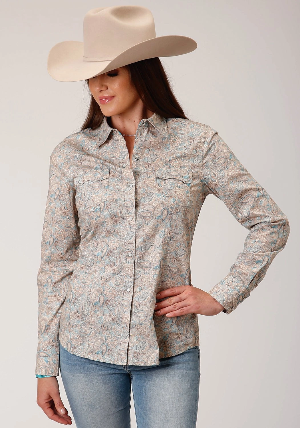 Seamless Shoulder Construction Non Iron Roper Womens Dot Paisley Print Brown 100% Cotton L/S Shirt