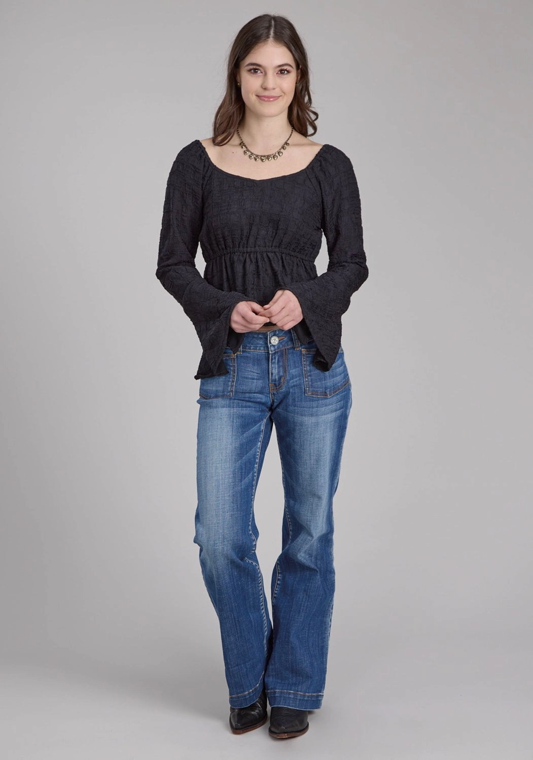 Custom Fit Roper Womens Double Cloth Black 100% Polyester L/S Blouse