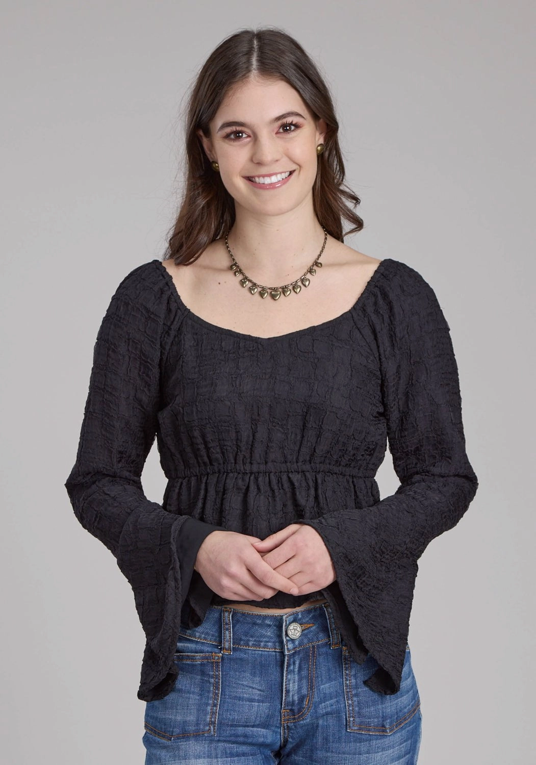 Roper Womens Double Cloth Black 100% Polyester L/S Blouse Stylish Element