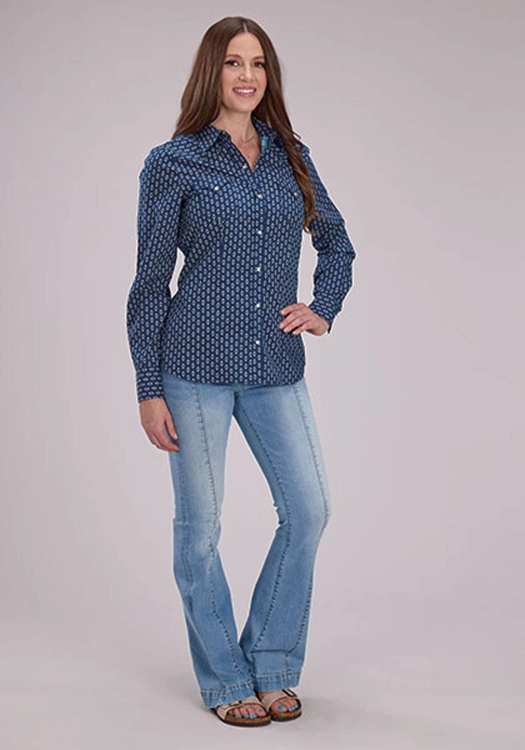 Roper Womens Drybrush Diamonds Blue 100% Cotton L/S Shirt Thermal Regulation Fabric