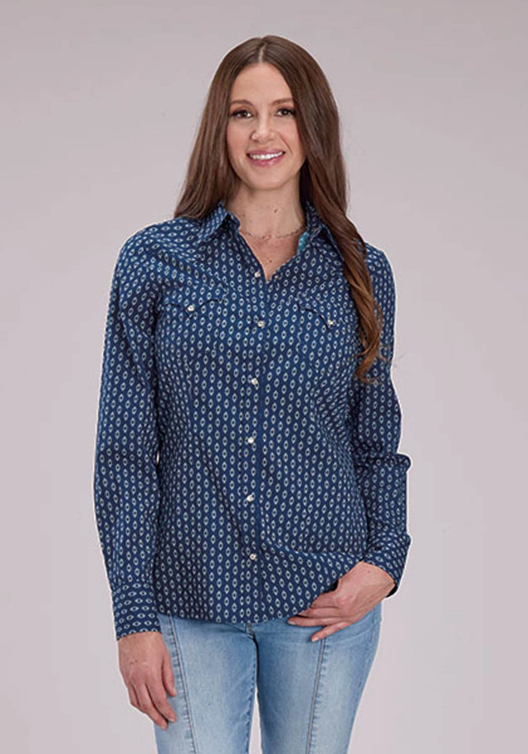 Seamless Shoulder Roper Womens Drybrush Diamonds Blue 100% Cotton L/S Shirt