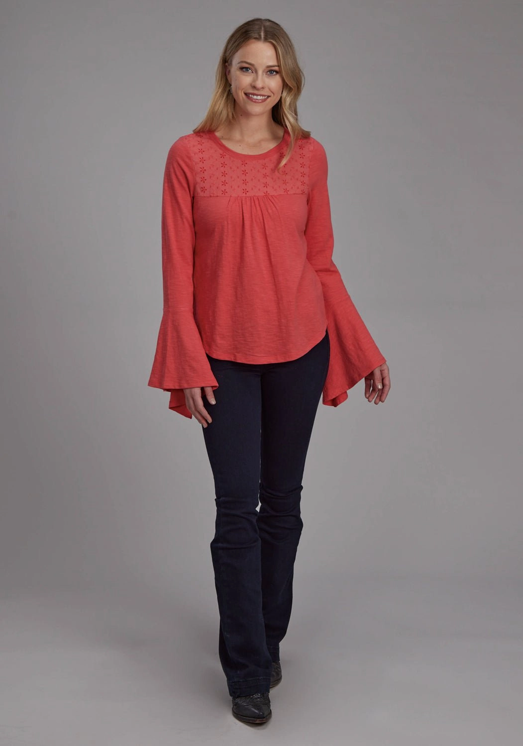 Comfortable Wear Street Style Roper Womens Eyelet Front Yoke Red 100% Cotton L/S Blouse