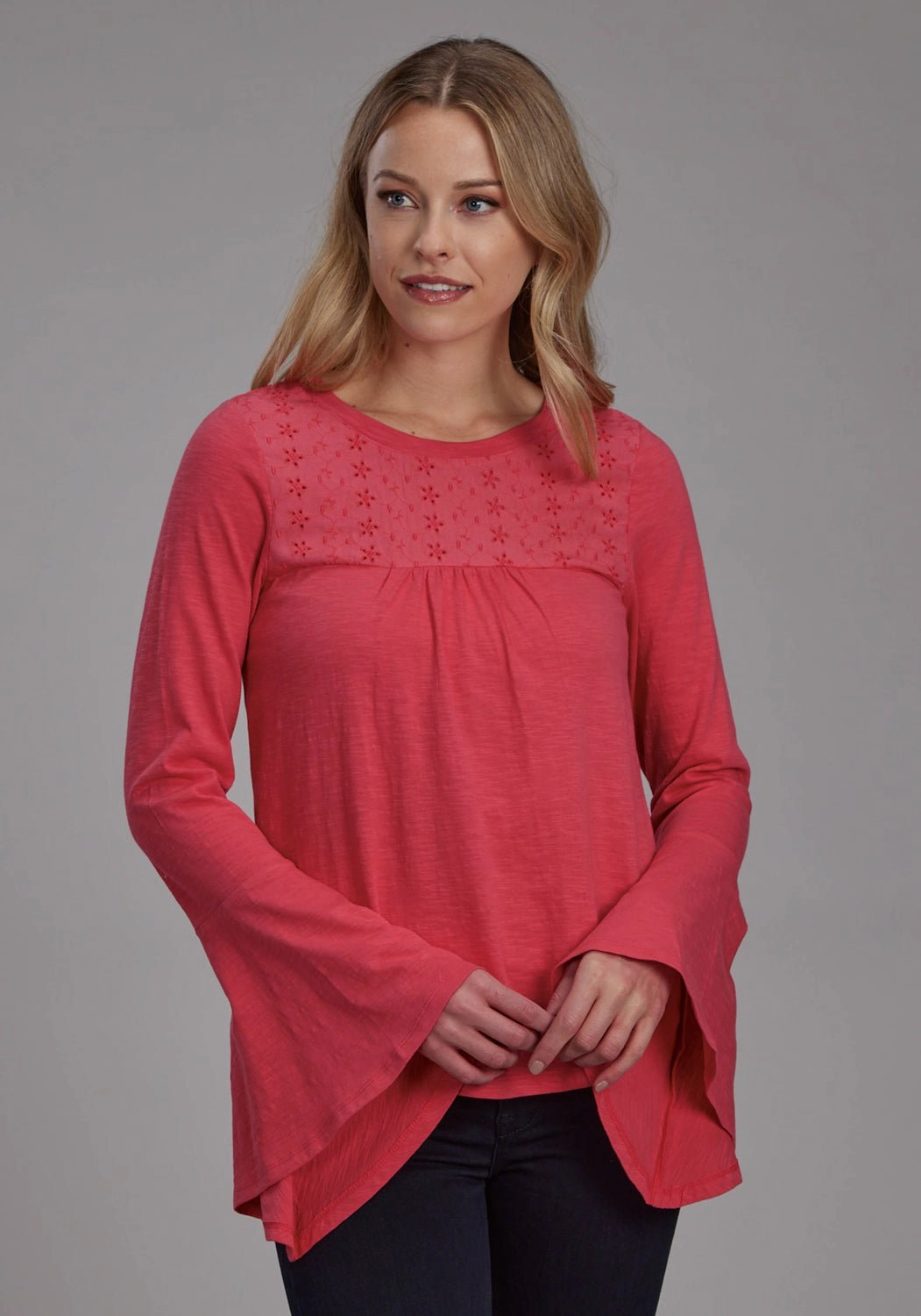 First Date Roper Womens Eyelet Front Yoke Red 100% Cotton L/S Blouse