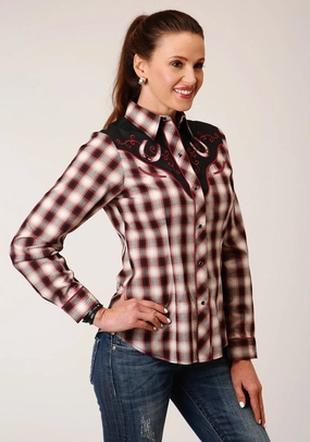 Roper Womens Fancy Plaid Wine Cotton Blend L/S Shirt Versatile Styling