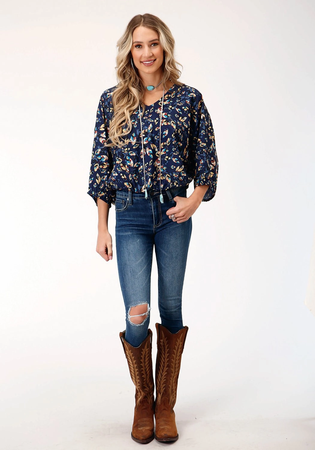 Roper Womens Feather Foliage Blue Polyester 3/4 Sleeve S/S Tunic Night Out