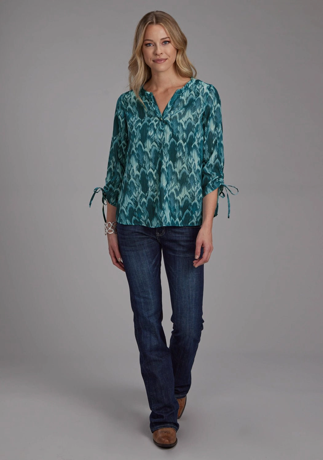 Roper Womens Feather Georgette Teal 100% Polyester 3/4 Sleeve S/S Blouse Smooth zipper closure