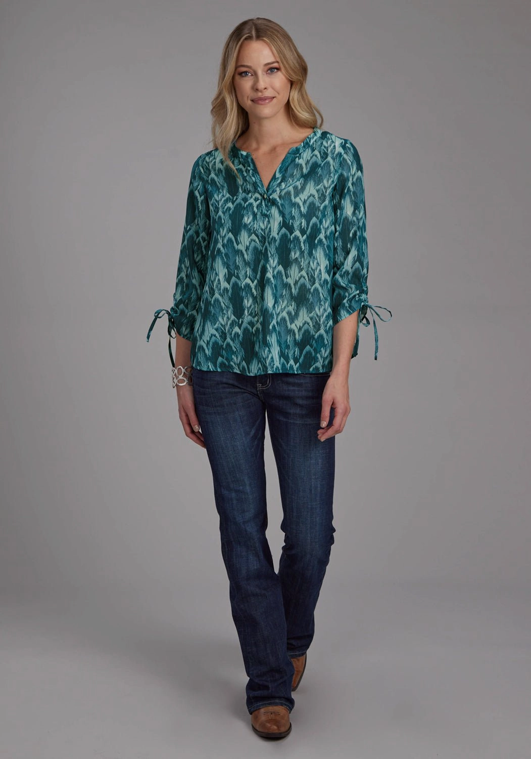 Roper Womens Feather Georgette Teal 100% Polyester 3/4 Sleeve S/S Blouse Everyday Outfit Daytime Look