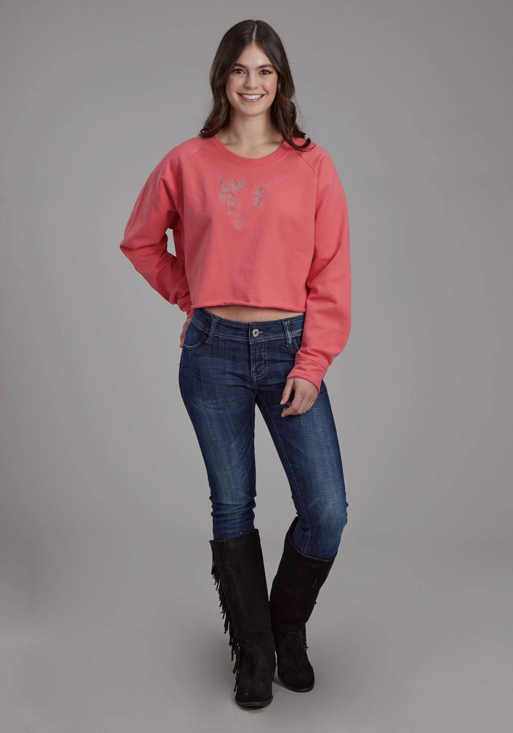 Roper Womens Fleece Longhorn Bright Corral 100% Cotton Sweatshirt Effortless Comfort Wear High Neckline