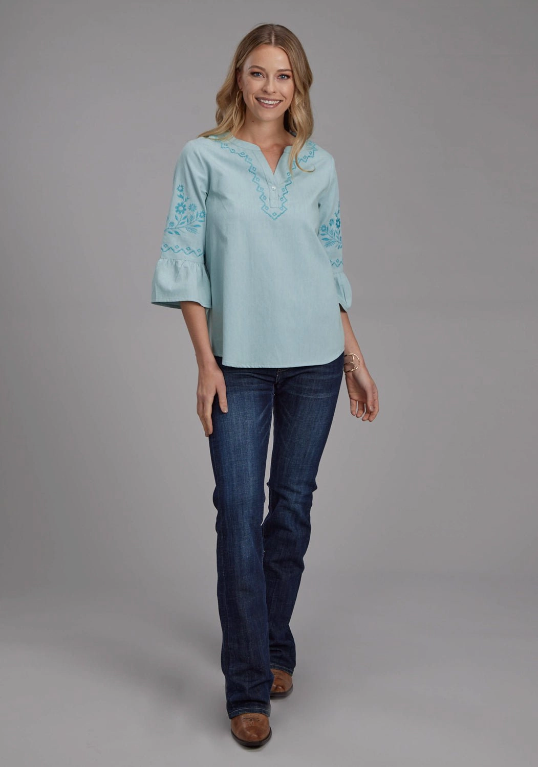 Roper Womens Floral Bell Sleeve Blue 100% Cotton S/S Blouse Corporate Retreat Functional Design