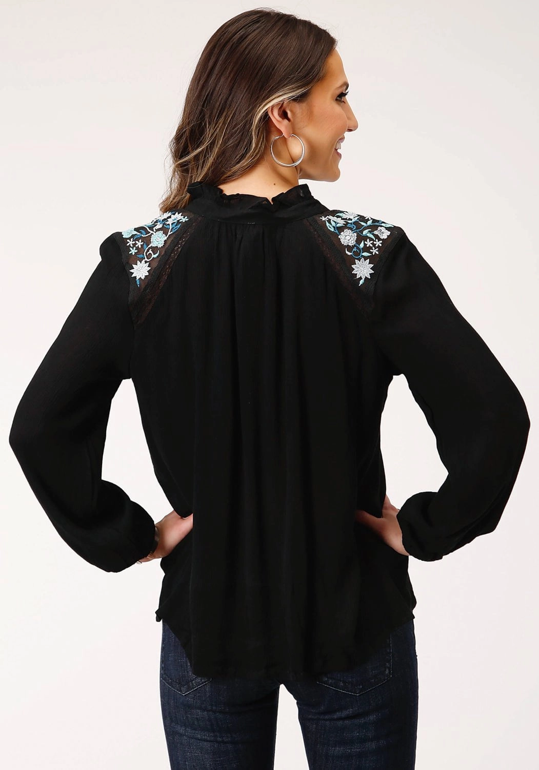 Sustainable Choice Unisex Option Roper Womens Floral Crinkle Black 100% Rayon L/S Blouse